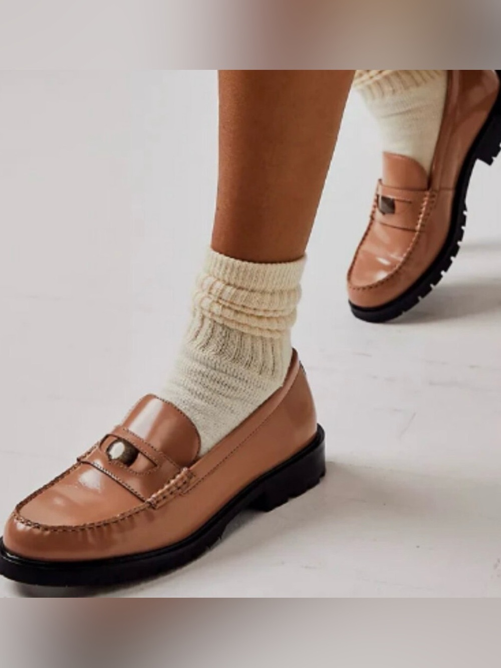Free People Women's Liv Leather Penny Loafers in Camel Brown - size 8.5